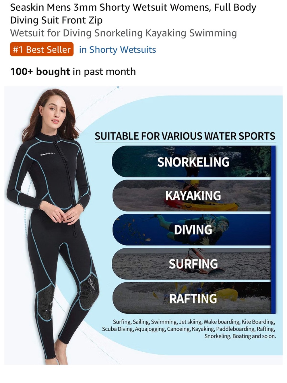 Skin Women’s Full-Body 3mm Wetsuit in Black with Light Blue Trim